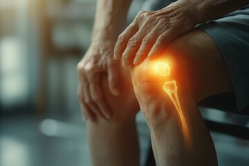 Arthritis is a chronic disease problem in elderly healthcare, Asian old female touching her leg feeling pain in her knee joint, and can't walk properly because of inflammation and, Generative AI