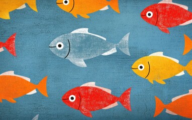 Naklejka premium Colorful fish swim across a textured blue background, creating a playful and vibrant underwater scene suitable for various creative projects.