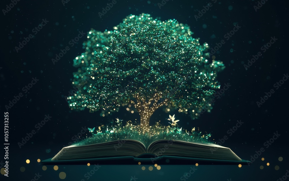 Poster a magical glowing tree emerges from an open book, symbolizing the connection between knowledge and n