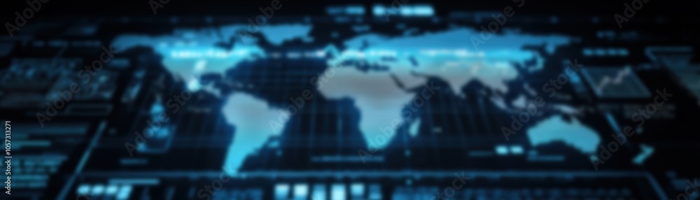 Poster futuristic world map with digital interface showcasing data analytics and connections across contine