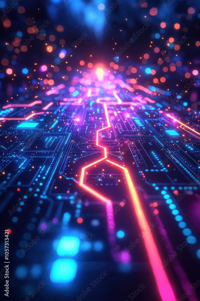 Poster a vibrant, futuristic digital landscape with glowing circuits and luminous data points, representing