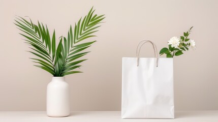 A white bag sits next to a vase with green palm leaves and white flowers, creating a fresh and minimalistic aesthetic.