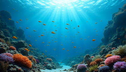 Fototapeta premium Majestic underwater scene with fish swimming over seamless ocean floor featuring vibrant coral and kelp 