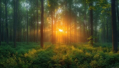 Fototapeta premium Sunbeams Filtering Through a Misty Forest