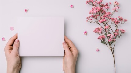 Obraz premium A pair of hands hold a blank white card surrounded by pink flowers and petals on a light surface, creating a serene and aesthetically pleasing composition.