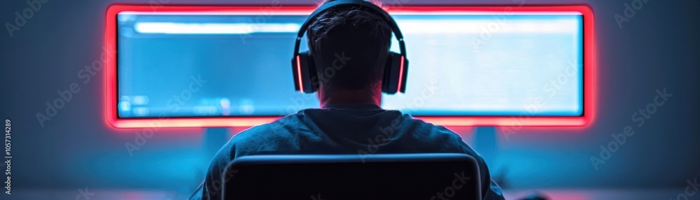 Poster a focused male programmer wearing headphones, coding at a computer with neon lighting creating a vib