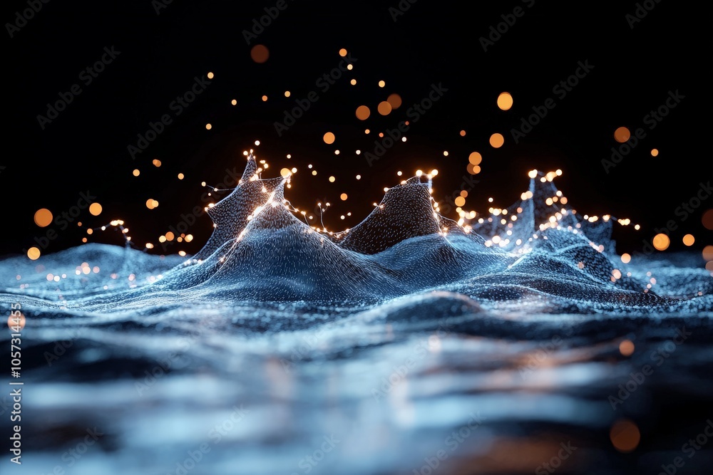 Poster an abstract composition featuring a digital wave form made up of shimmering blue and golden particle