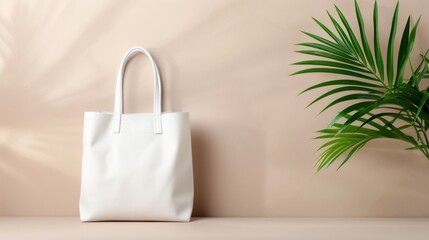 A stylish white tote bag stands against a neutral backdrop, complemented by a lush palm leaf, creating a fresh, minimalist aesthetic.