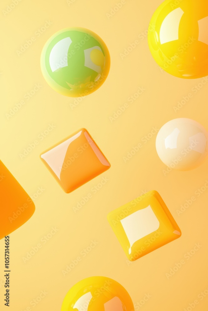 Aufkleber vibrant geometric shapes in various colors float above a soft yellow background, creating a playful 