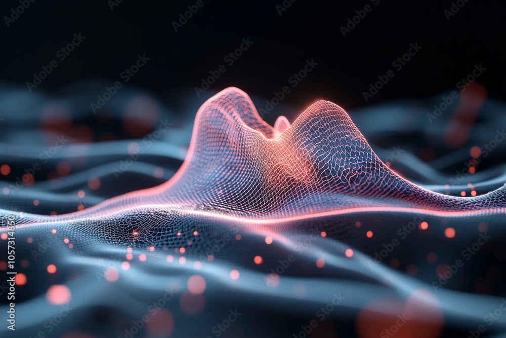 Poster a futuristic digital landscape featuring a glowing grid and scattered particles, representing the su