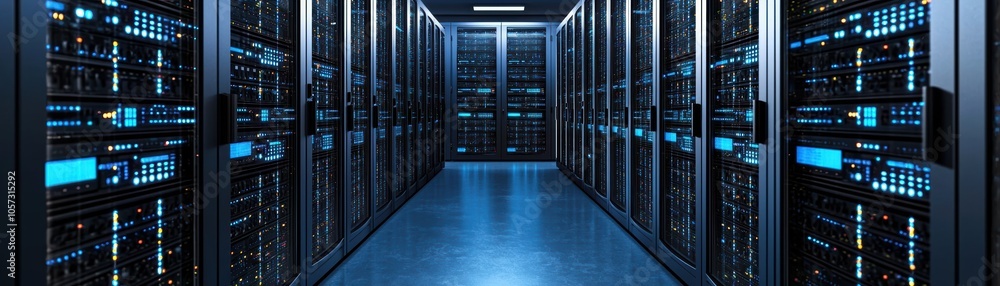 Poster a futuristic data center featuring rows of server racks illuminated by blue lights, showcasing advan