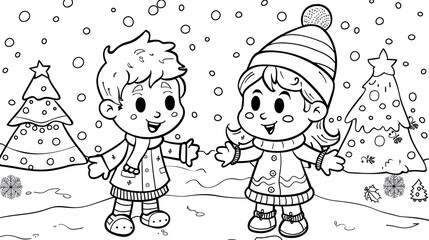 Happy children in winter clothes near the Christmas trees. Coloring page for kids. Christmas theme