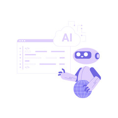 Robot With AI Cloud Display In Flat Vector Illustration Symbolizing Automation, Machine Learning, And Digital Assistance, Isolated On White Background.