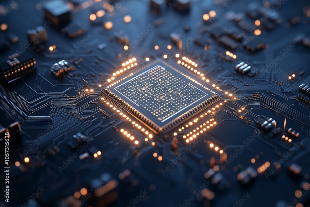 Poster a close-up image of a computer microchip and circuit board illuminated with soft glowing lights, enc