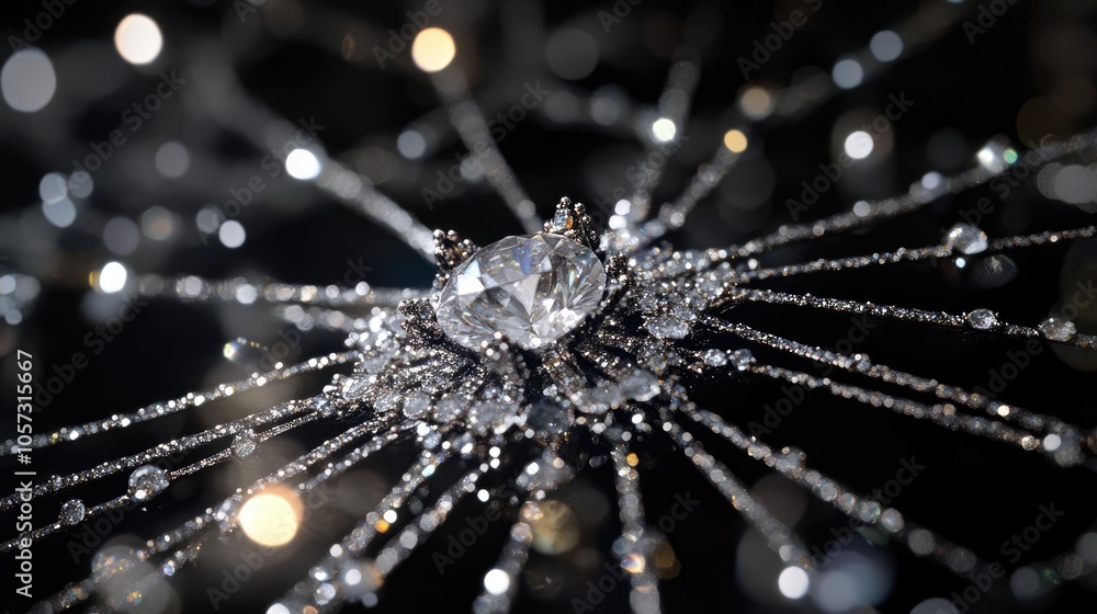 Poster radiant diamonds and gemstones in a spiderweb-like pattern, capturing sparkle and sophistication