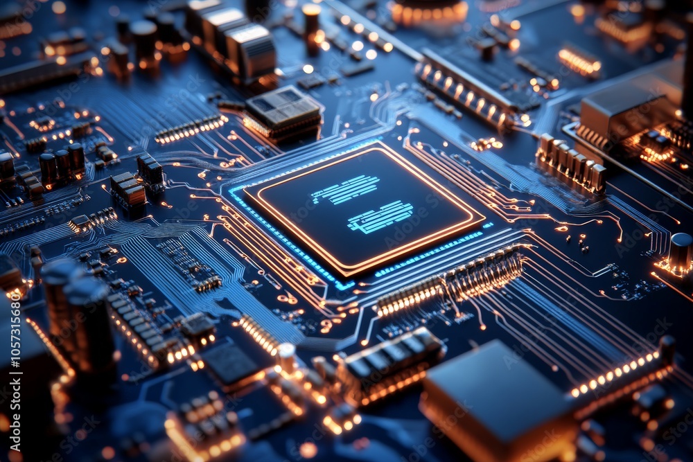 Poster a microchip glows vibrantly within the complex circuitry of a computer board, representing the power