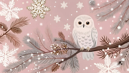 Fototapeta premium Christmas Owl. Holiday template with drawn character bird and festive decoration with winter pine branches, spruce tree, snow. Collection background in Merry Christmas and Happy New Year design style.