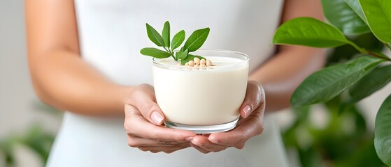 Close up of a young woman s hands holding a glass of fresh creamy white soy milk highlighting the importance of healthy plant based nutrition and a balanced wellness focused lifestyle