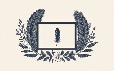 Elegant graphic featuring a feather framed by decorative plants and flowers, perfect for nature-inspired designs and artistic projects.
