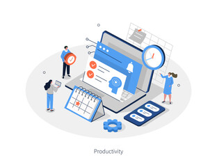 AI technology infographic. Characters use artificial intelligence, algorithms, generative tools to work with tasks, checklists, schedules and increase productivity. Flat isometric vector illustration.