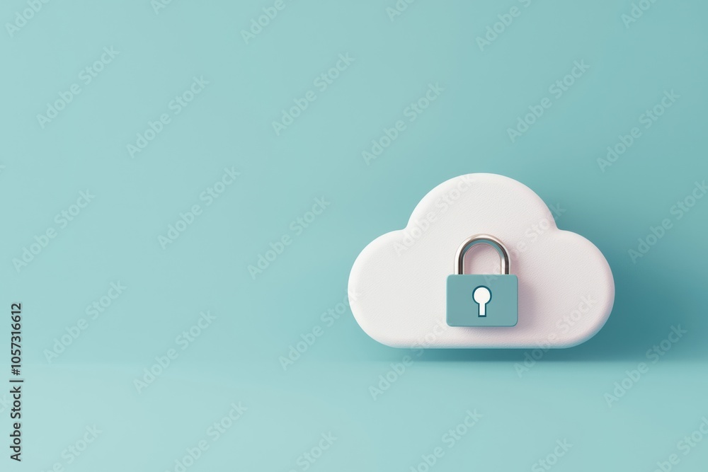 Poster secure cloud storage concept with a padlock on a cloud icon against a turquoise background, symboliz