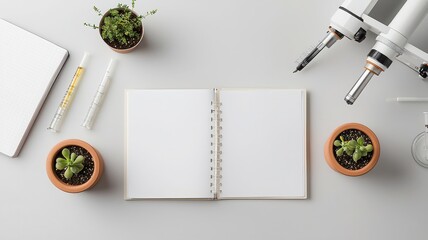 Succulents with notebook and lab tools on grey table, modern workspace setup.