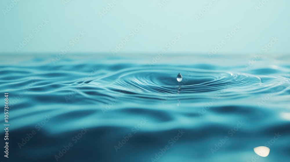 Poster 3d render of a single water droplet descending against a blue backdrop creating abstract wavy ripple