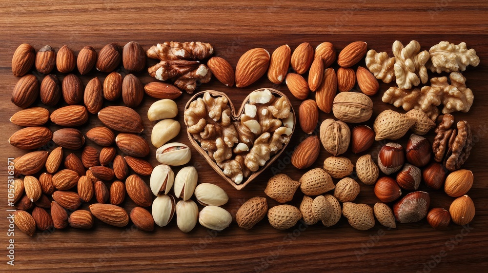 Poster assorted nuts displayed on a wooden surface featuring a walnut arranged in the shape of a heart aeri