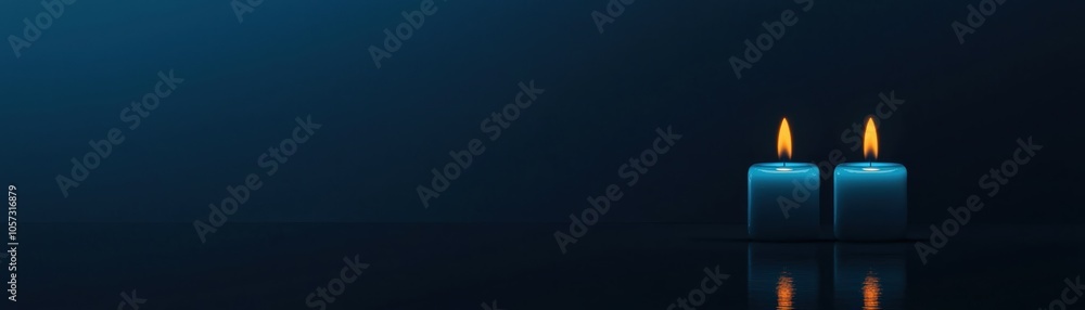 Poster a pair of glowing candles on a dark surface, creating a serene ambiance with soft reflections and ge