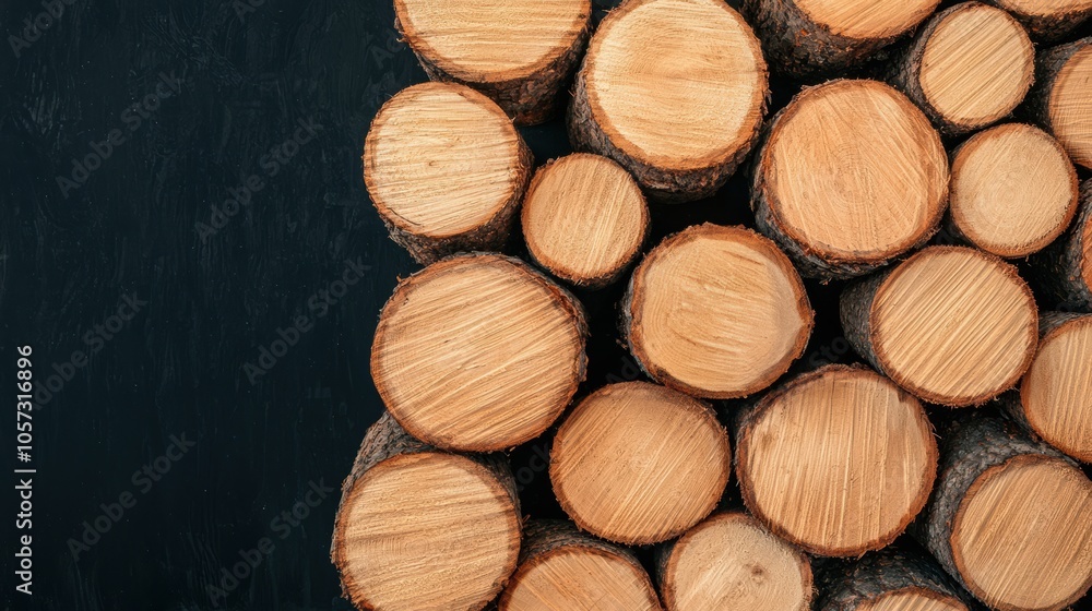 Poster a close-up view of neatly stacked wooden logs, showcasing the natural texture and patterns of the wo