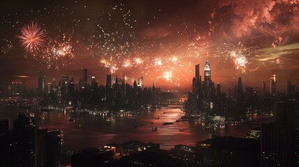 Fototapeta premium A breathtaking view of a city skyline as fireworks explode across the sky,