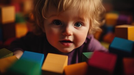 A lifestyle image showcasing a young child engaging with vibrant wooden block toys