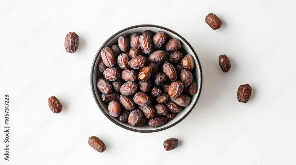Poster a bowl of fresh dried dates on a white background accompanied by a few scattered dates that highligh
