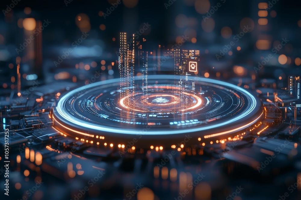 Poster a modern circular digital interface illuminated with lights and data lines, featuring a dynamic desi