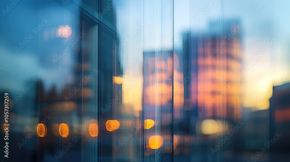 Poster abstract skyline view of an urban landscape featuring a modern office building illuminated by mornin