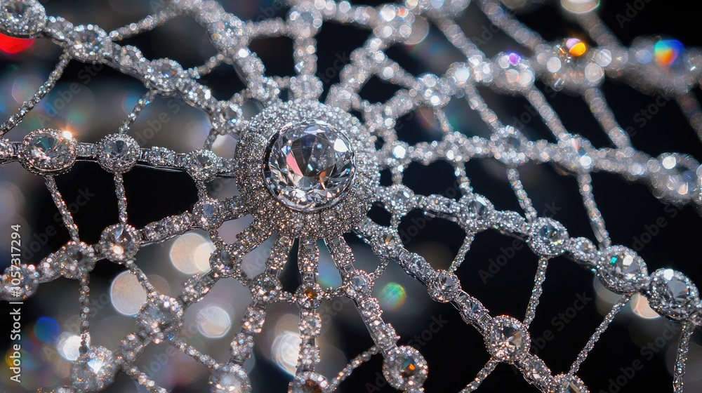 Poster a radiant display of diamonds and gemstones in a spiderweb pattern, sparkling with elegance