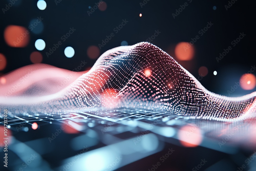 Poster a mesh wave structure with glowing lights flows across an abstract surface, symbolizing waves of dat