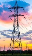 High Voltage Power Lines Silhouette at Sunset. Electricity Pylon, Energy Distribution Infrastructure