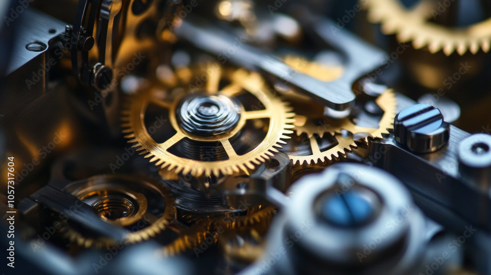 Poster intricate golden gears and mechanisms working in a close-up view, showcasing the detailed craftsmans