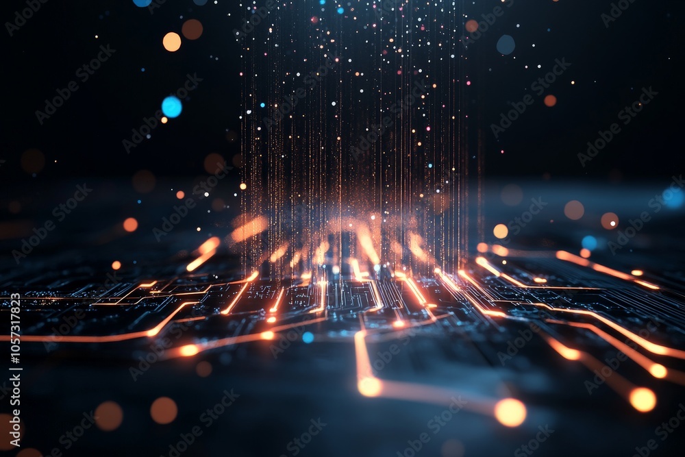 Poster a radiant illustration featuring abstract digital particles and illuminated circuits, symbolizing te