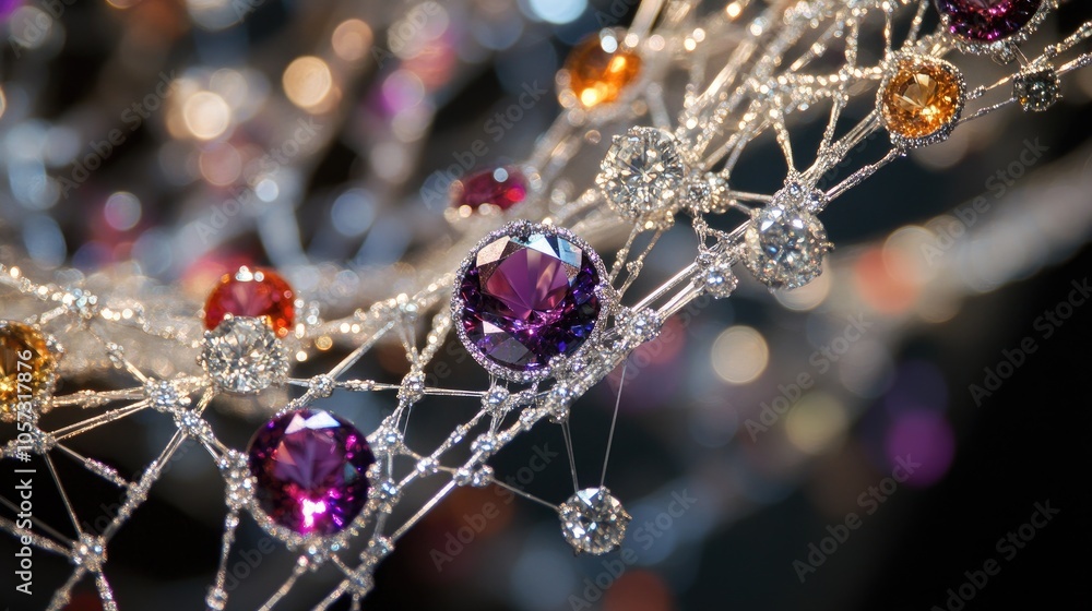Poster a web-like arrangement of sparkling diamonds and colorful gemstones, creating a beautiful display