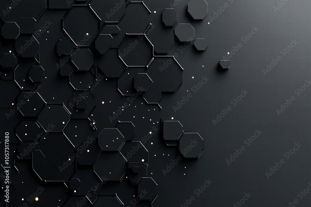 Poster intricate black hexagonal shapes interspersed with an array of tiny golden dots, symbolizing precisi
