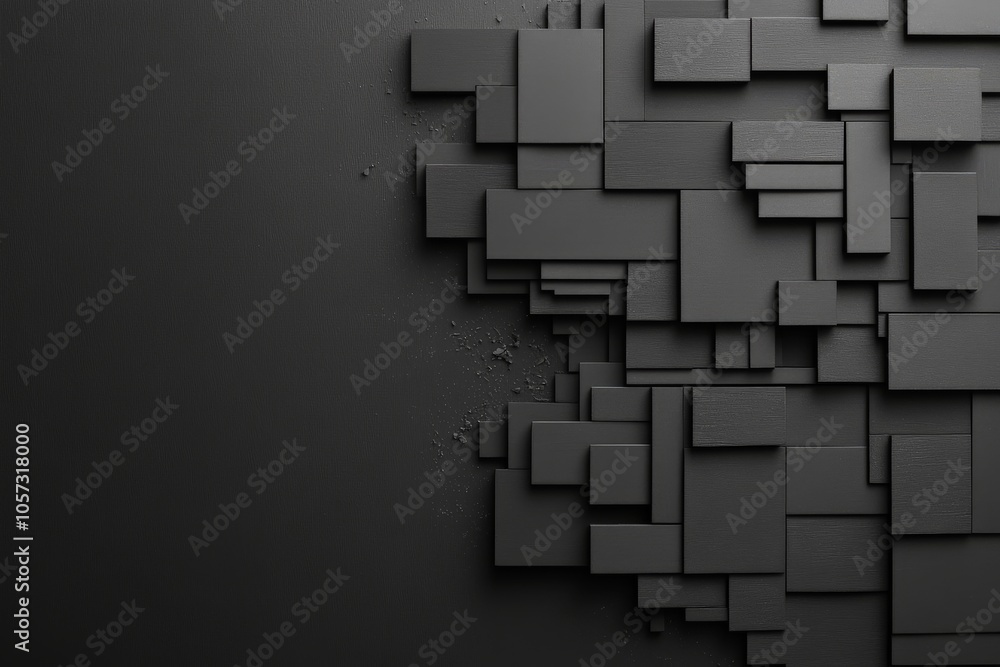 Poster An intriguing visual of rectangular black shapes with scattered fragments, representing artistic abstraction and modern complexity in geometrical design.