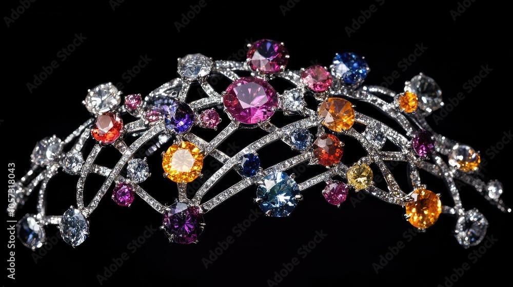 Poster a web-like arrangement of sparkling diamonds and colorful gemstones, creating a beautiful display