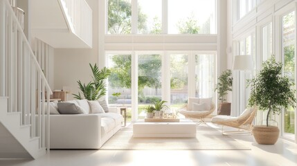 Naklejka premium A bright and modern living room with a white staircase,