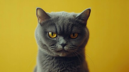Angry British cat gazing at the camera against a yellow backdrop showcasing its upset and sad demeanor