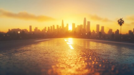 Asphalt road with a city skyline backdrop featuring a beautiful sunrise or sunset
