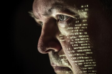 Close-up of man with binary code projection on face, dark background, cybersecurity theme, focused expression, high-tech look, selective focus

