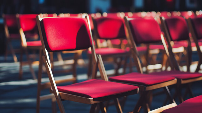Red padded chairs arranged neatly in a sunlit outdoor area, awaiting the director's signal to begin filming a scene