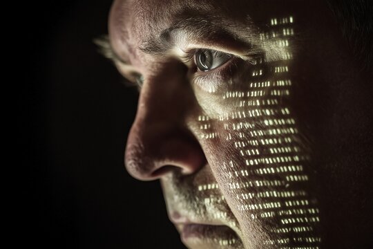 Close-up of man with binary code projection on face, dark background, cybersecurity theme, focused expression, high-tech look, selective focus

